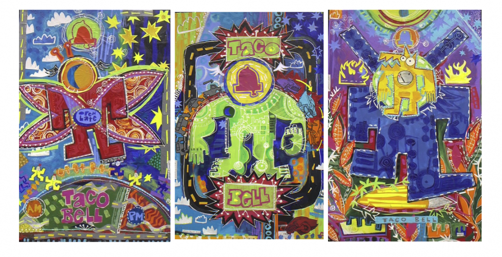 Three colorful paintings in a geometric style of a red figure in the night sky with moth wings, green figure with a bell for a face surrounded by a fast food drive through lane, and a yellow creature with a gas tank reading empty getting the idea for Taco Bell.