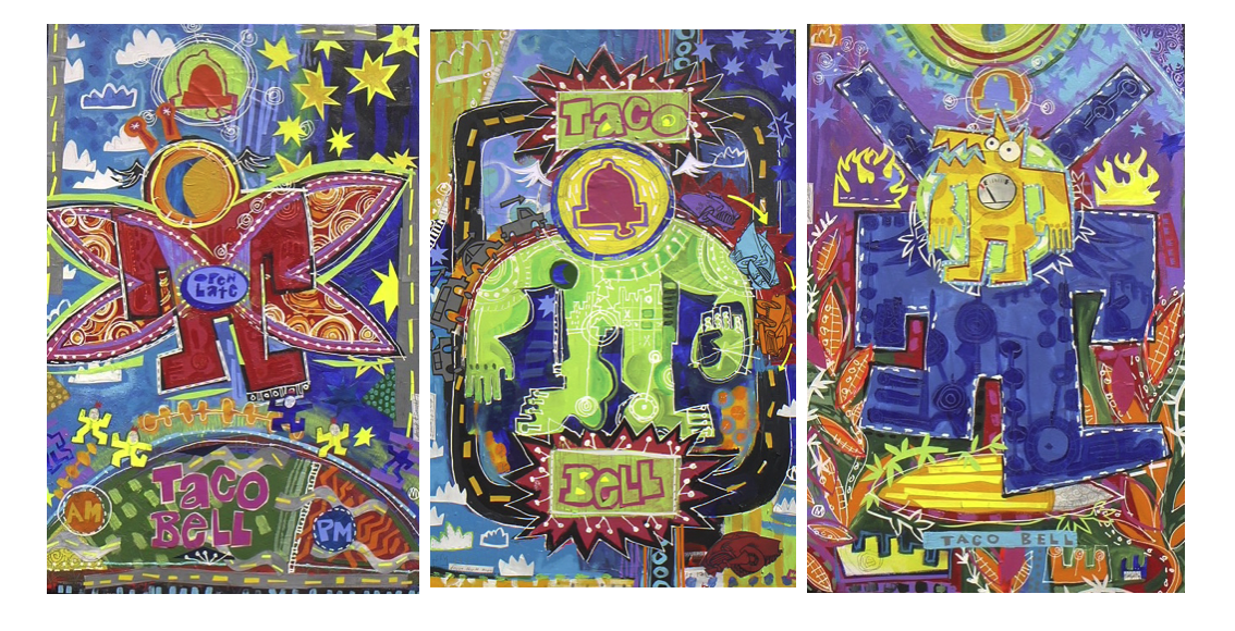 Three colorful paintings in a geometric style of a red figure in the night sky with moth wings, green figure with a bell for a face surrounded by a fast food drive through lane, and a yellow creature with a gas tank reading empty getting the idea for Taco Bell. 