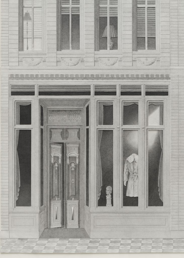 a grayscale artwork showing a storefront window