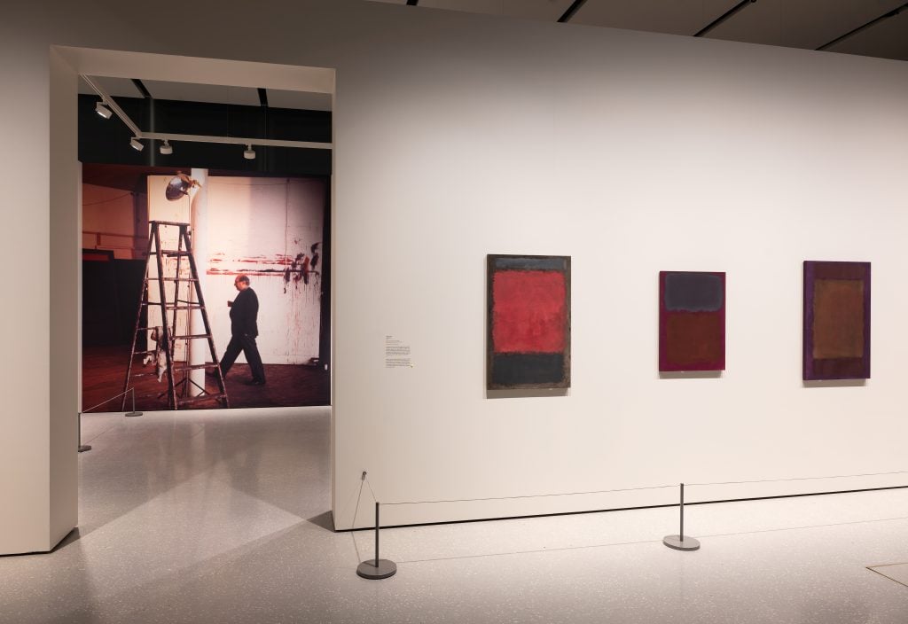 Installation view of Rothko's color field paintings on paper on a white wall