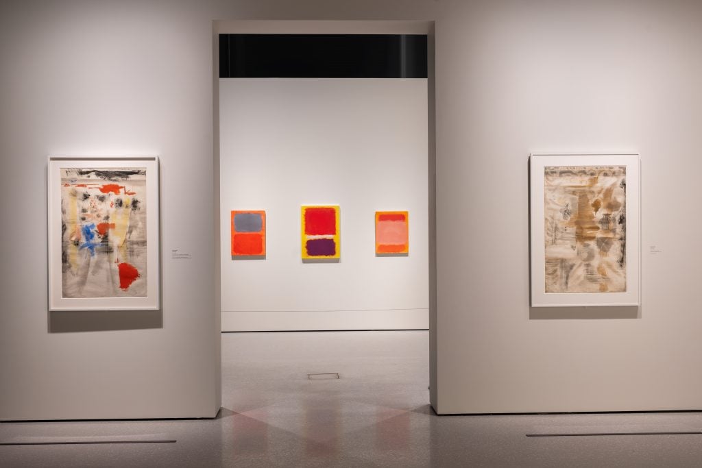 Installation view of an exhibition of Rothko's color field paintings and early surrealist paintings