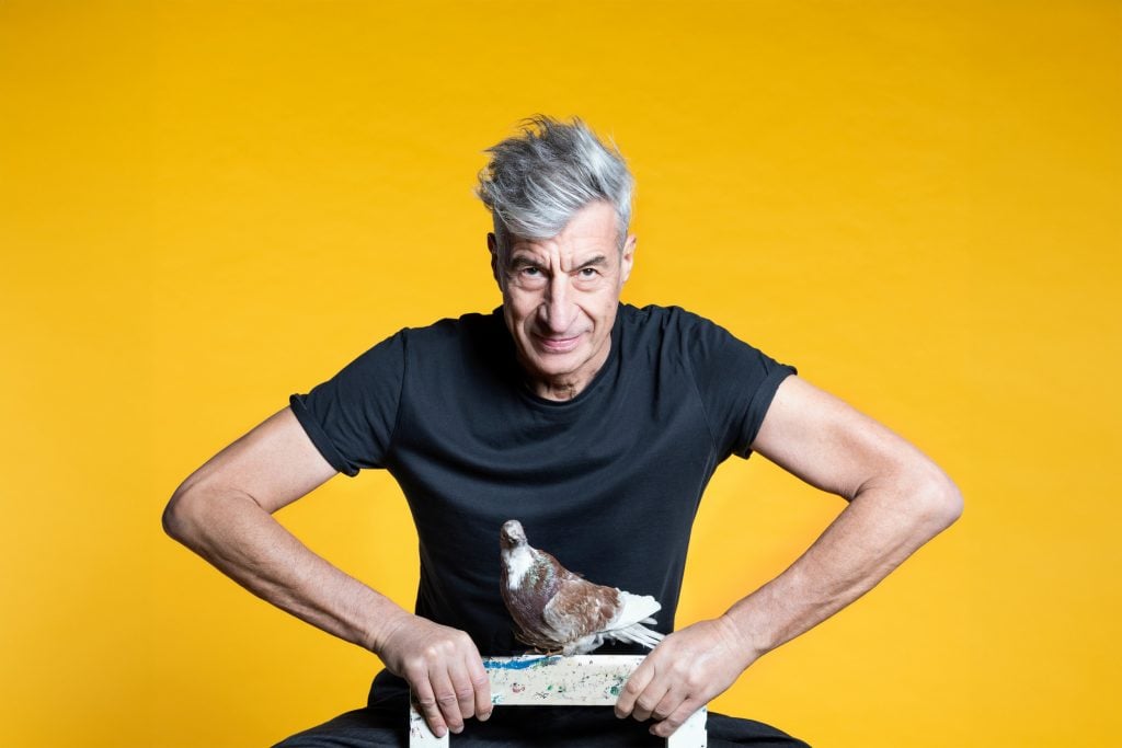 a man leans towards us against a dark yellow backgroud, he has grey hair and is lean