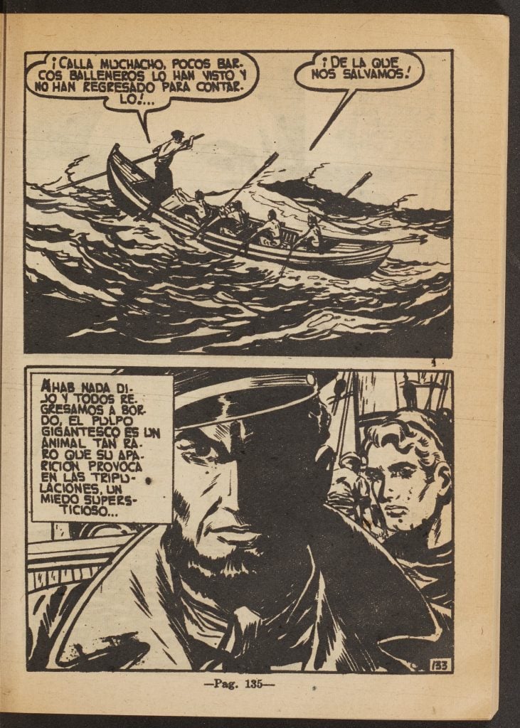 Two panels of a Spanish comic showing men at sea