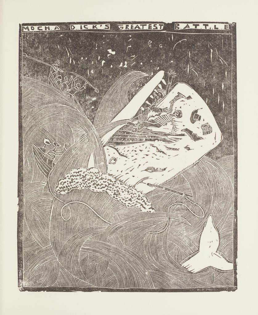 Etching of a whale being speared at sea