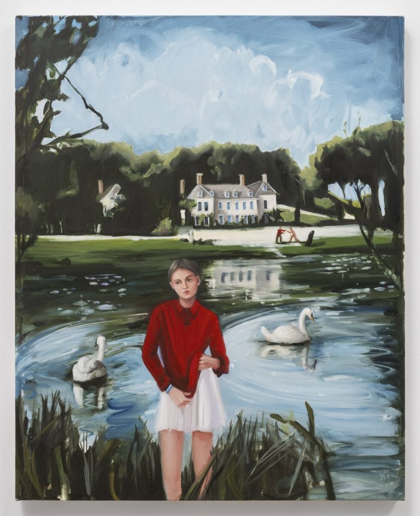 a painting depicts a woman in a red cardigan walking near a pond in front of a Tony house 