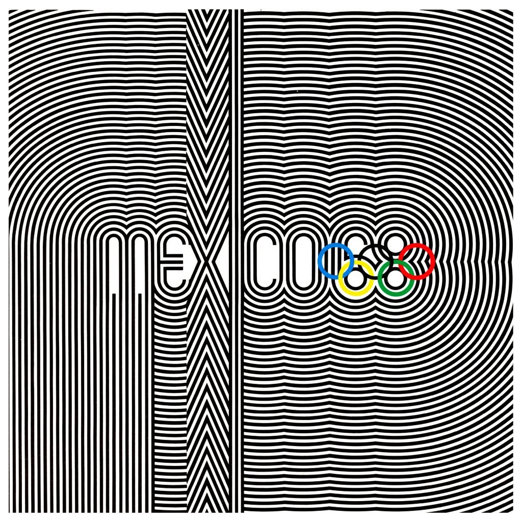 the words "mexico 68" are surrounded in radial rings in black and white