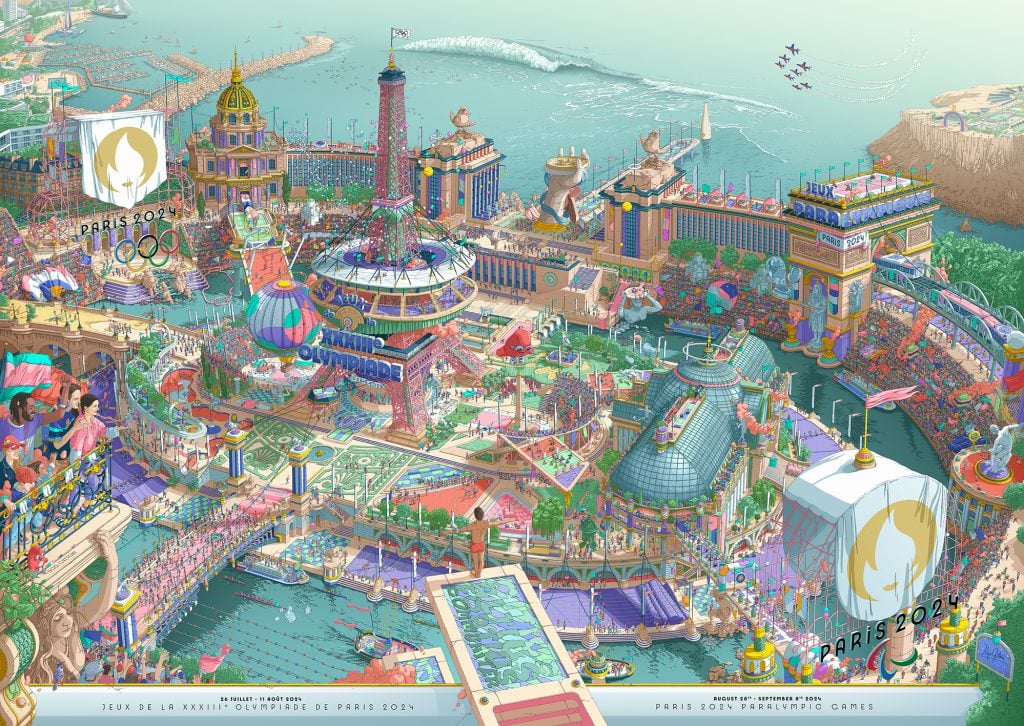 a large colorful map that vaguely resembles Paris because it has all its landmarks but instead its a fantastical childrens storybook version and its full of cheering crowds and people doing sports