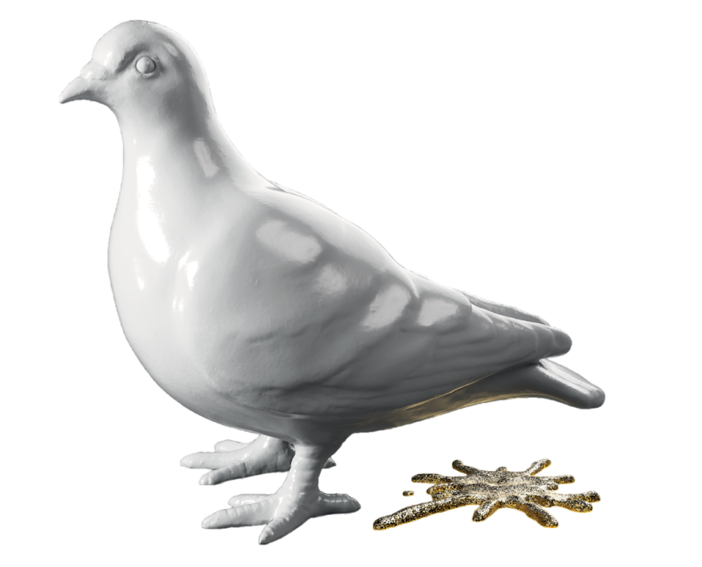 a porcelain of a pigeon and a liquid splat of glittery gold behind its legs