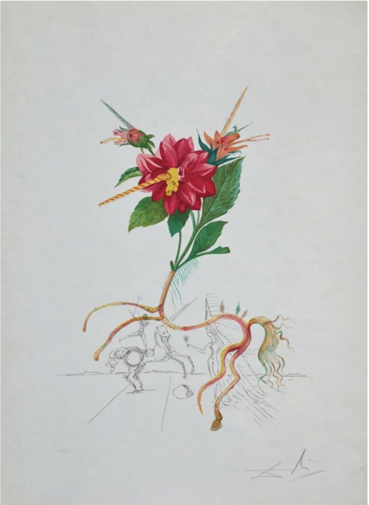 An artwork by Salvador Dalí titled "Dahlia unicornis" from the "Floridali" series, created in 1968. The piece features an etching and drypoint with hand-colored stencil, depicting a fantastical dahlia flower with unicorn-like elements. The vibrant red flower and green leaves are intricately detailed, while the lower part of the composition includes surreal, whimsical sketches of a horse and other abstract figures, characteristic of Dalí's unique and imaginative style.