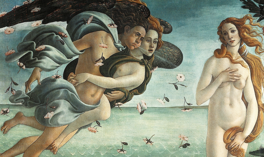 two mythical figures blow a naked goddess to shore