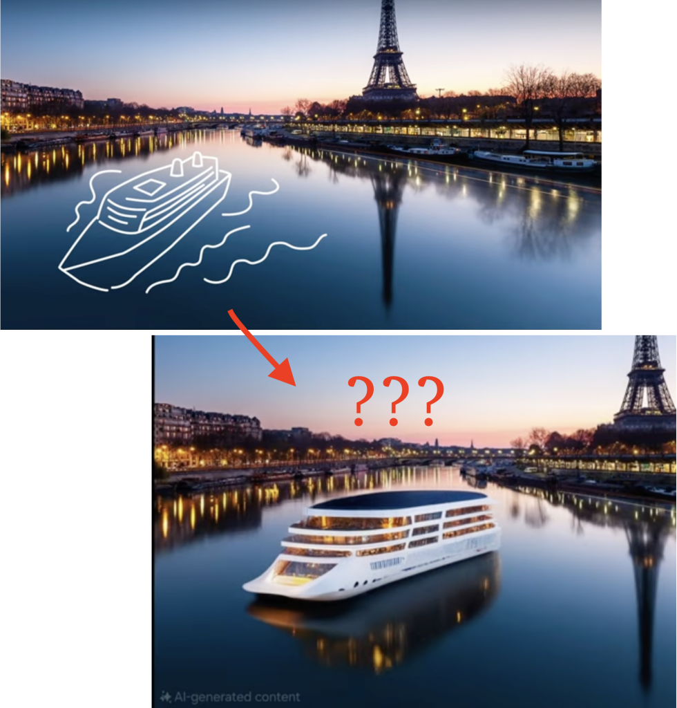 An image of a river with the sketch of a boat on it compared to the same river with a fully rendered, different boat on it