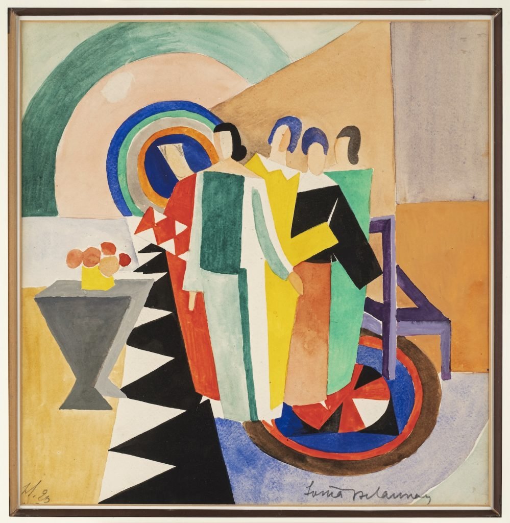 Sonia Delaunay, Groupe de femmes (1925), a colorful geometric gouache and watercolor on paper painting of five colorfully dressed women in an interior space.