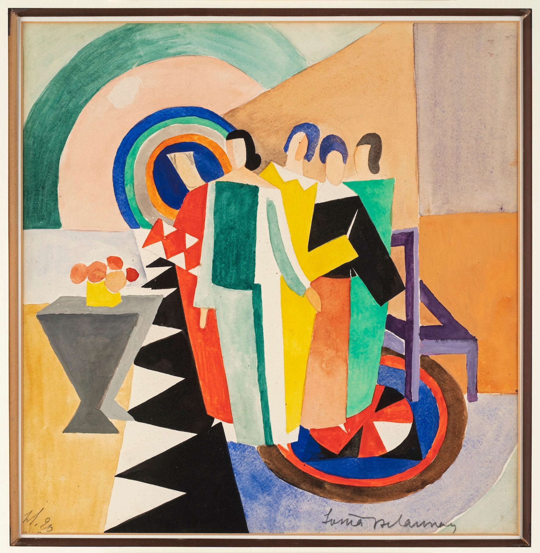 Sonia Delaunay, Groupe de femmes (1925), a colorful geometric gouache and watercolor on paper painting of five colorfully dressed women in an interior space.