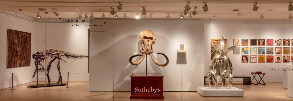 A gallery space showing a mix of dinosaur fossils, paintings and sculptures