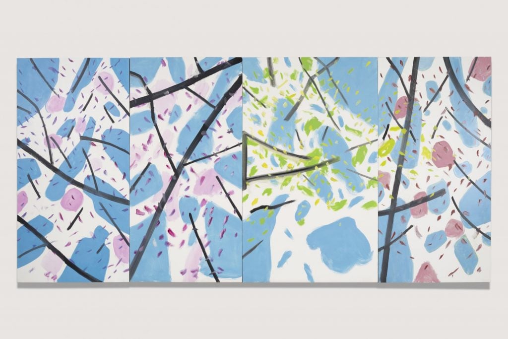 multipanel artwork of abstracted tree with flowers