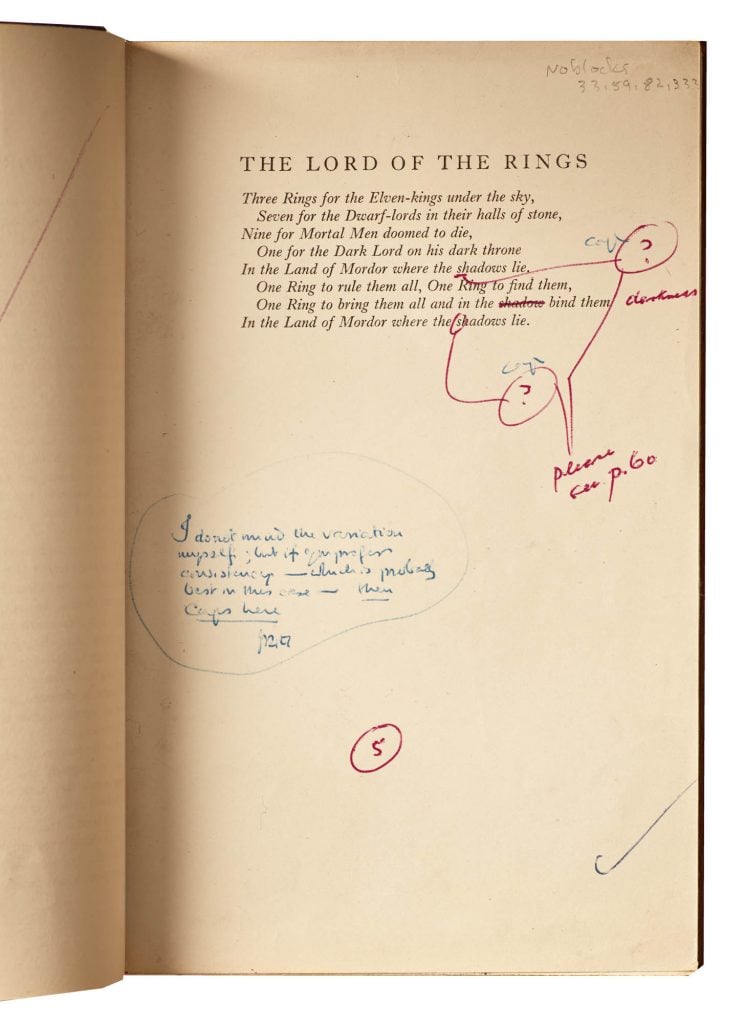 A page from J.R.R. Tolkien's The Lord of the Rings showing the author's handwritten annotations