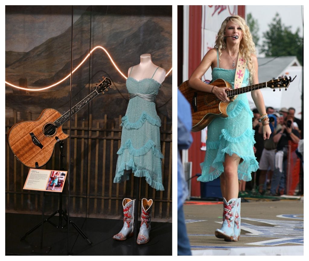 a photo of a guitar and an outfit with a blue dress and blue cowboy boots installed in a glass case in a museum and then a photo of a blonde woman wearing the same outfit