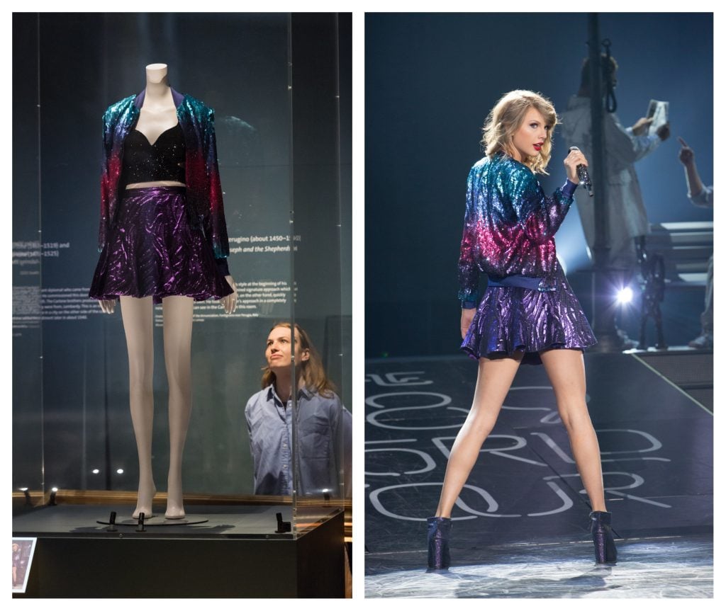 a sparly outfit on a mannequin in a glass box with a woman in a museum staring at it and then a photo of a blonde woman wearing that same outfit while singing on stage