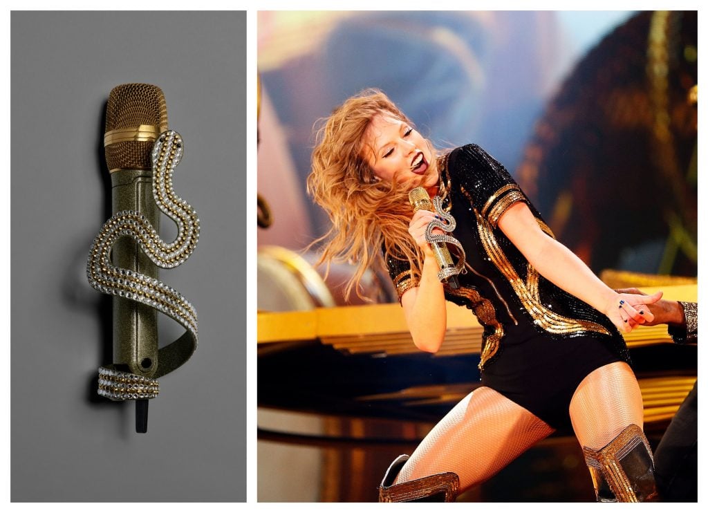 a microphone with a snake wrappeda round it that is bejewelled and then a photo of a blonde woman in a black outfit on stage dancing and singing into that same microphone