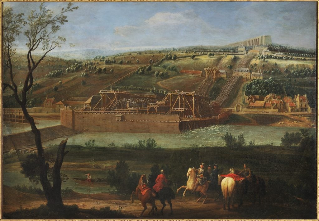 painting showing the Marly Machine, a large water system designed to serve Versailles' garden