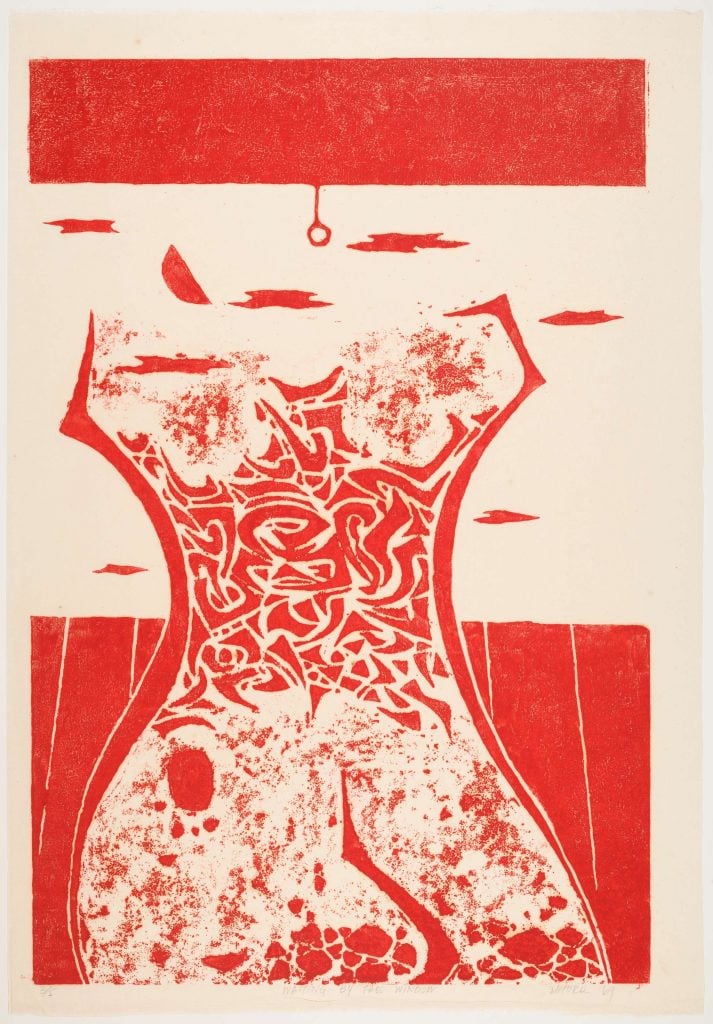 A red monochrome print depicting an abstract female figure with intricate line patterns.
