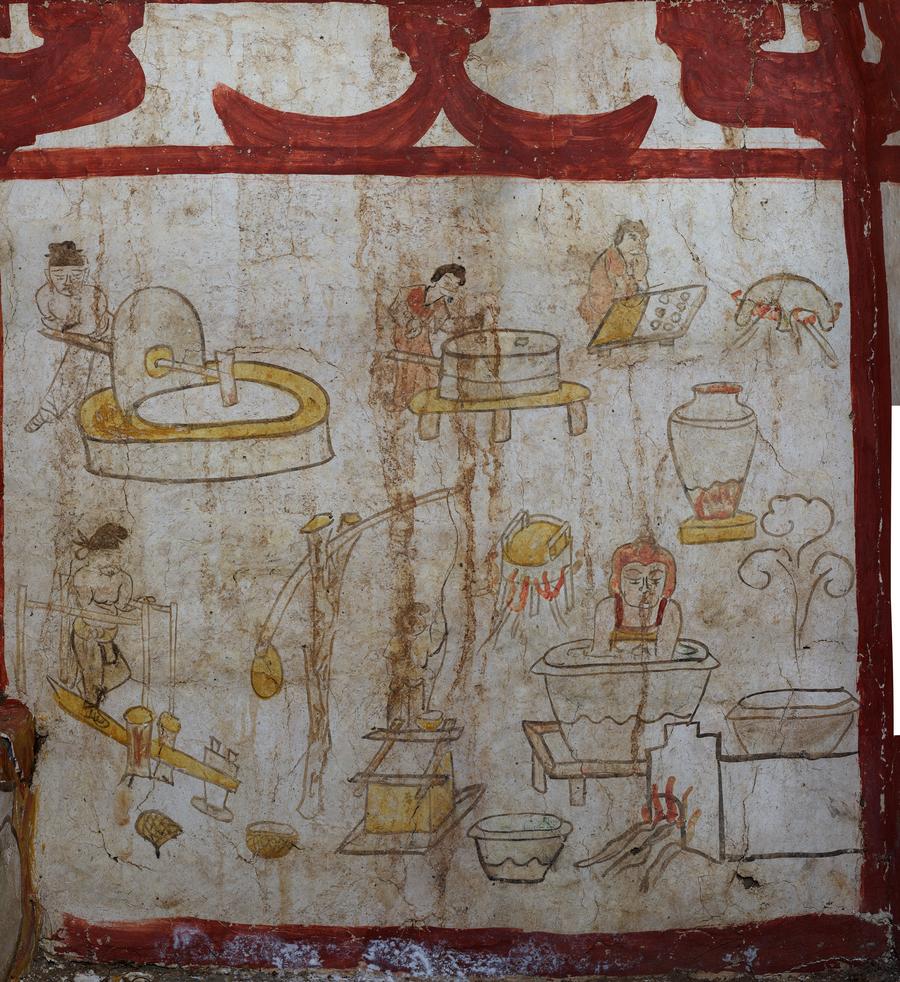 A mural depicting various work scenes in a Tang Dynasty (618-907) tomb excavated in Taiyuan, north China's Shanxi Province.