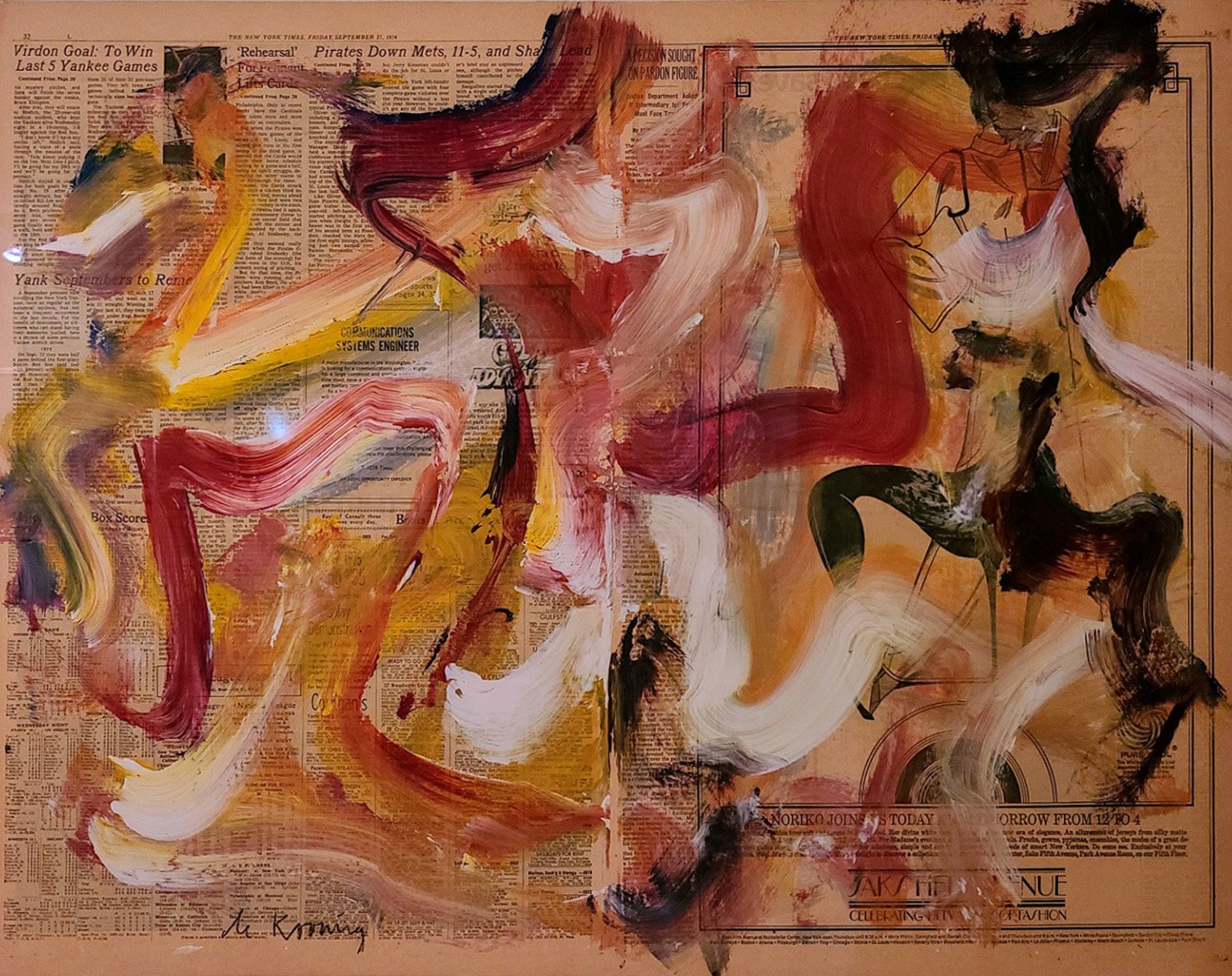 An artwork by Willem de Kooning titled "Untitled" from 1975, featuring oil paint on New York Times newsprint mounted on canvas. The piece displays dynamic and expressive brushstrokes in a variety of colors, including reds, yellows, and whites, creating an abstract composition over the newspaper background. The layers of paint contrast with the printed text, highlighting de Kooning's signature gestural style.