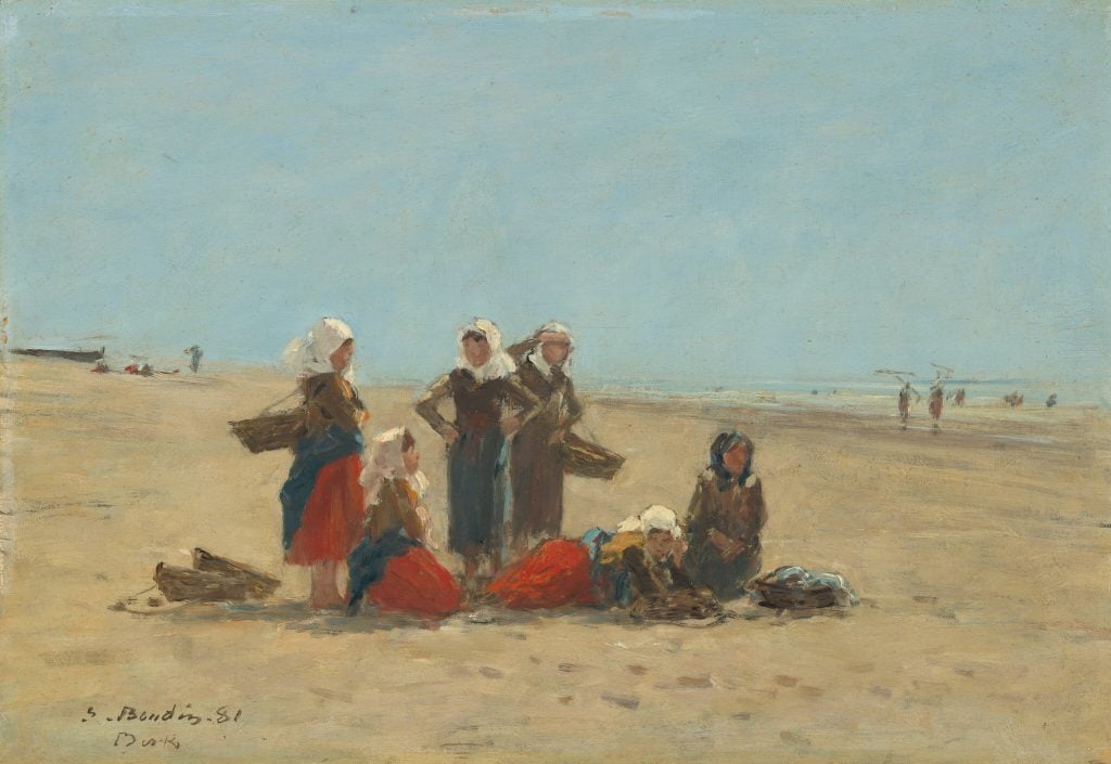 a 19th century impressionist painting depicts clothed women on a beach