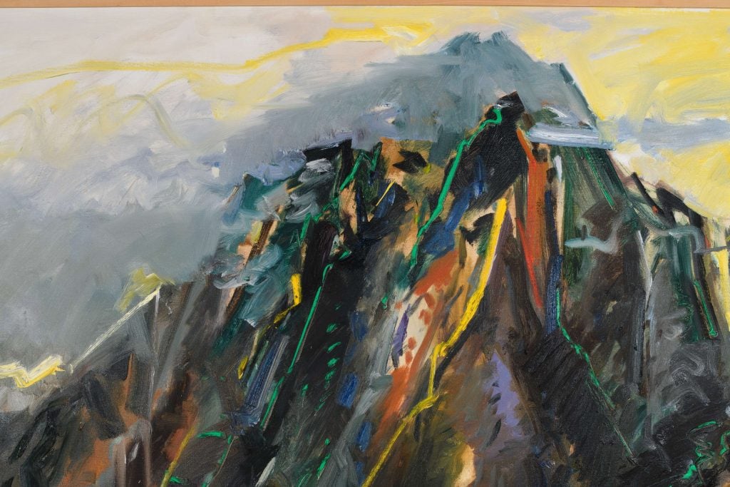 An expressive landscape painting depicting a mountain peak with bold, dynamic brushstrokes and vivid colors.