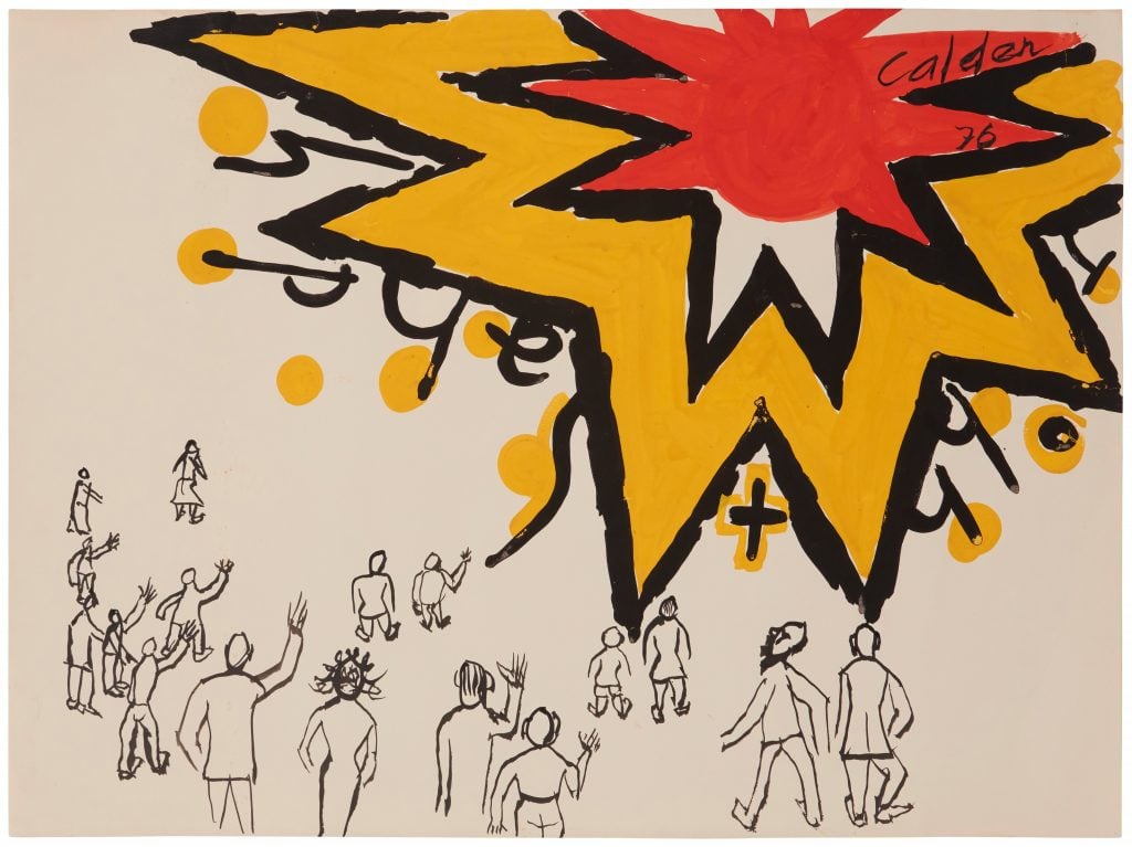 Graphic gouache and ink on paper work by Alexander calder with a red and yellow explosion or firework at the top right and the outline of figures with their back to the viewer along the bottom looking at it.