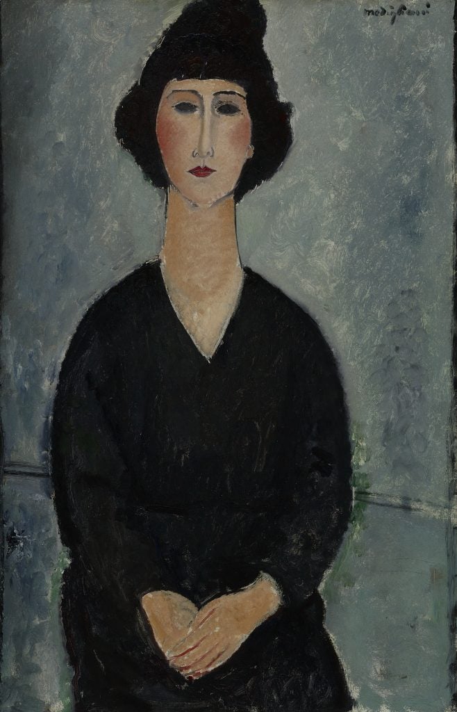 Painted portrait of a woman in a black v-neck dress and black hat against a mottled blue background with her eyes rendered blank.