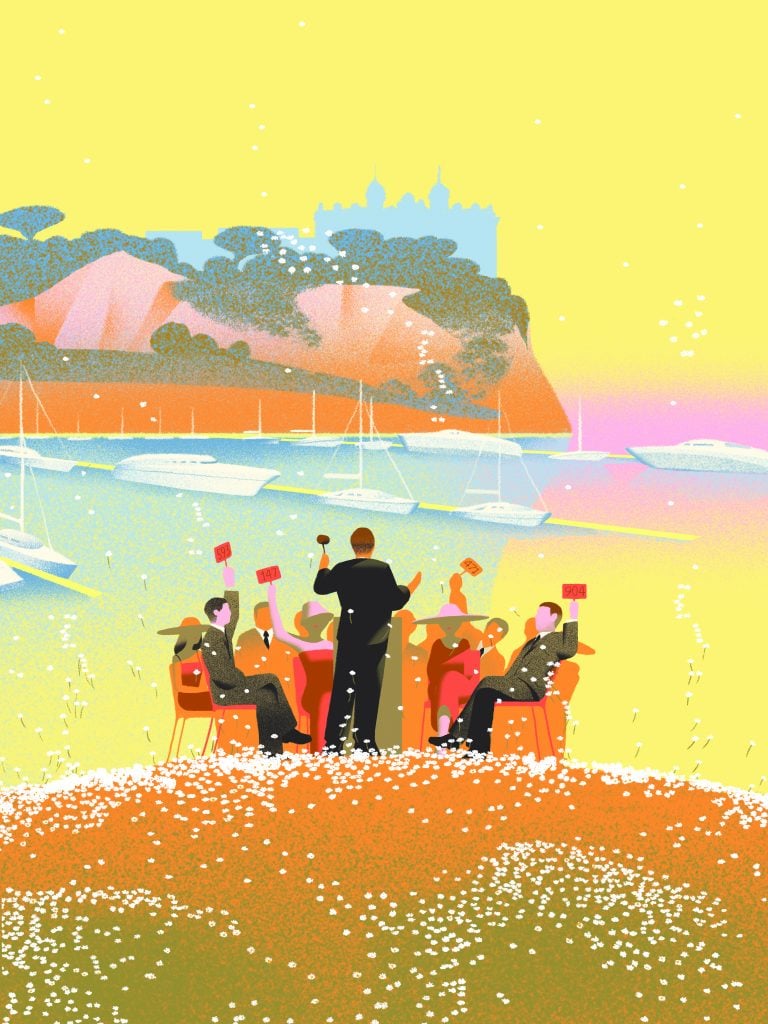Illustration in pastels of a gathering of seated people in front of the sea, the promotional image of Artcurial's Monaco Auction Week 2024.