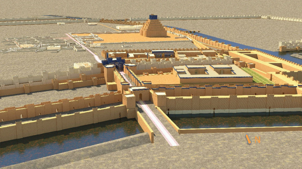 a 3D model showing what Babylon might have looked at complete with buildings, a moat, and bridges.