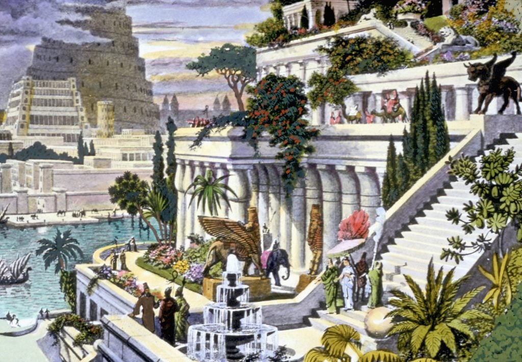 Artist's illustration of the Hanging Gardens of Babylon showing an idyllic scene of terraces supported by Greek columns and filled with flowering plants