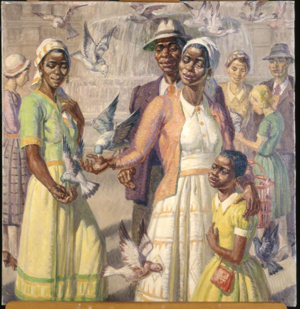 a painting of a family standing looking at and holding their hand out for pigeons to perch in an urban setting
