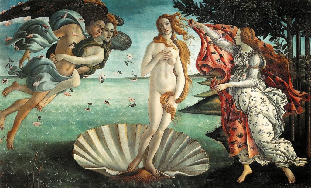 a naked woman with long blonde hair stands on a giant scallop shell on the ocean. on the left, a male and female figure float in the air, blowing woman. on the right, a woman with red shawl reaches out with open arms.