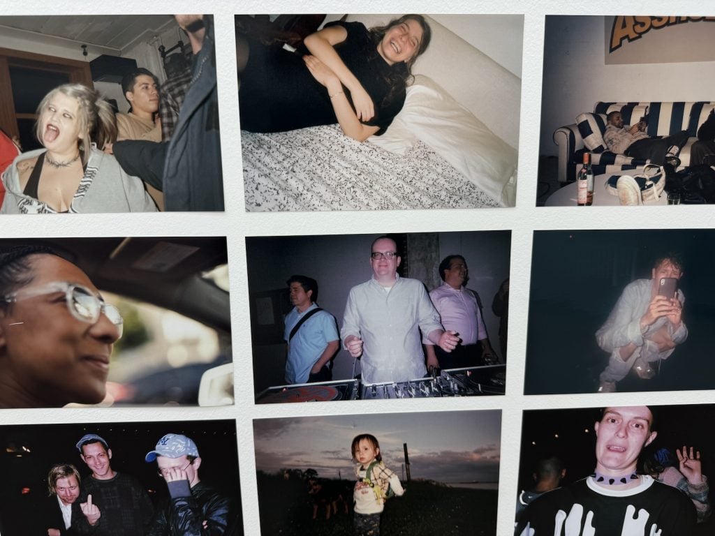 A wall of photos of people partying