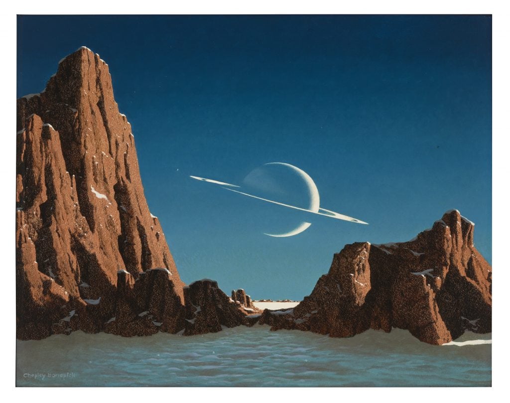 A painting showing the planet Saturn in a distant sky