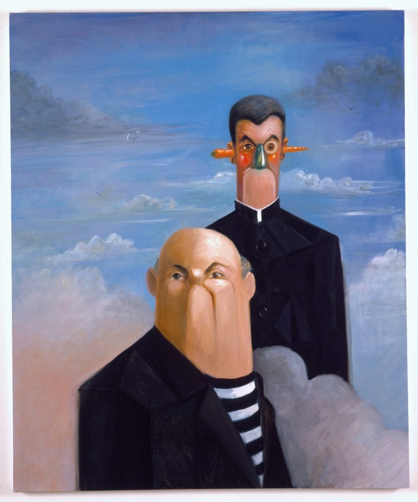 a painting of two men with pinched faces against a cloudy sky backdrop. One man is short with a round face; the other is tall and skinny in clerical clothing and has a carrot piercing his head