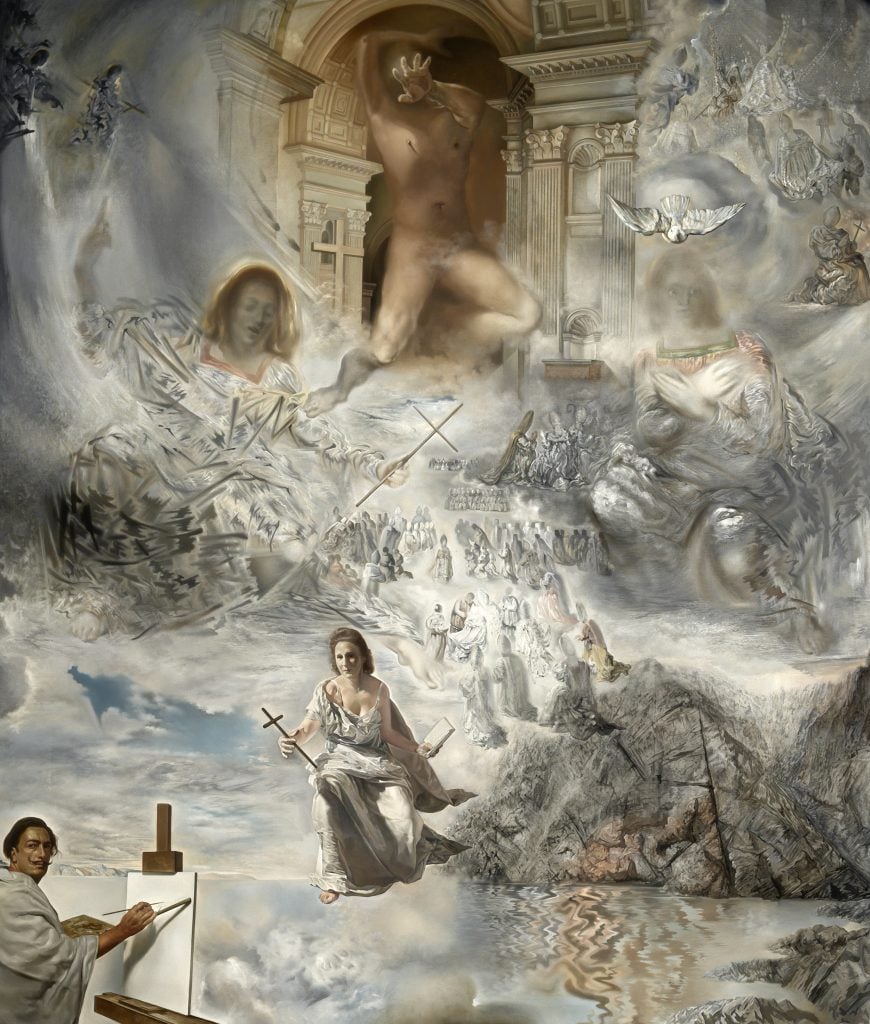Salvador Dalí large painting of a council of heavenly beings including the Holy Trinity, his wife Gala, and himself at an easel