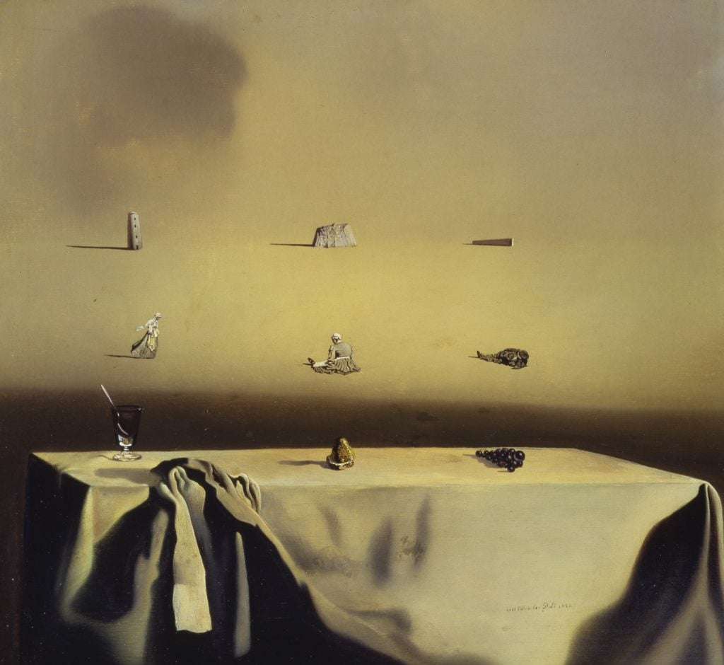 Surrealist painting by Salvador Dalí depicting dreamlike, distorted figures and landscapes with echoing shapes and forms