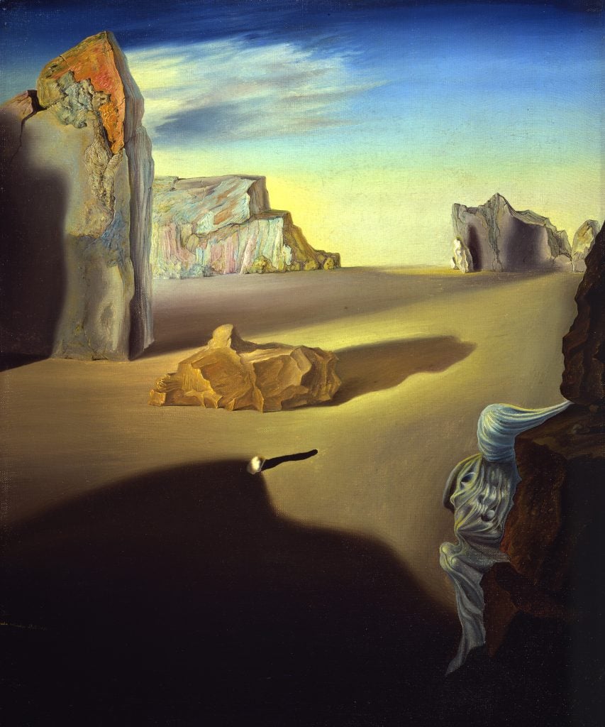 Surrealist painting by Salvador Dalí featuring eerie figures and landscapes, enveloped in dark, shadowy tones