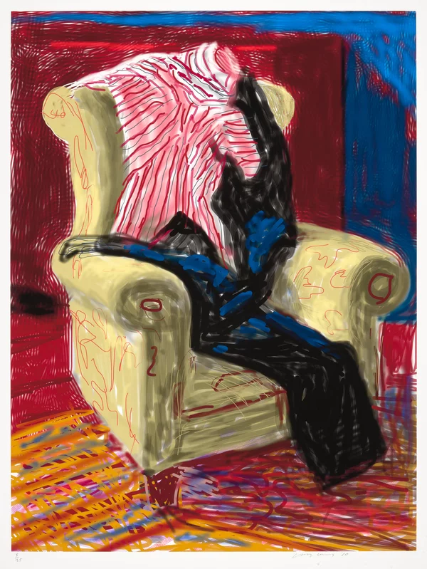 Pastel drawing of a red stripped shirt and navy trousers draped on a yellow upholstered chair by David Hockney, offered by Princedale Modern.