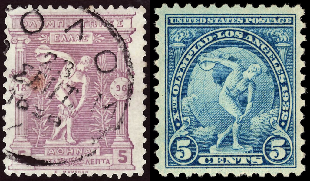Two vintage stamps side by side, on the left the discobolus sculpture in mauve tones on the 1896 olympic commemorative stamp, and the right the same motif on a blue composition for the 1932 olympics.