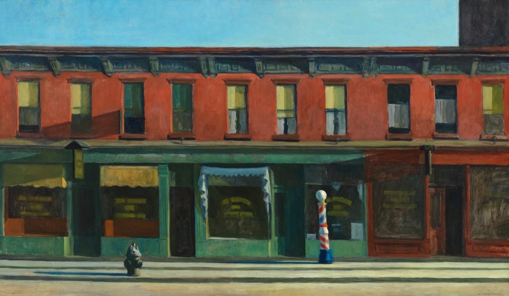 A painting of a still and silent New York City avenue with morning sun