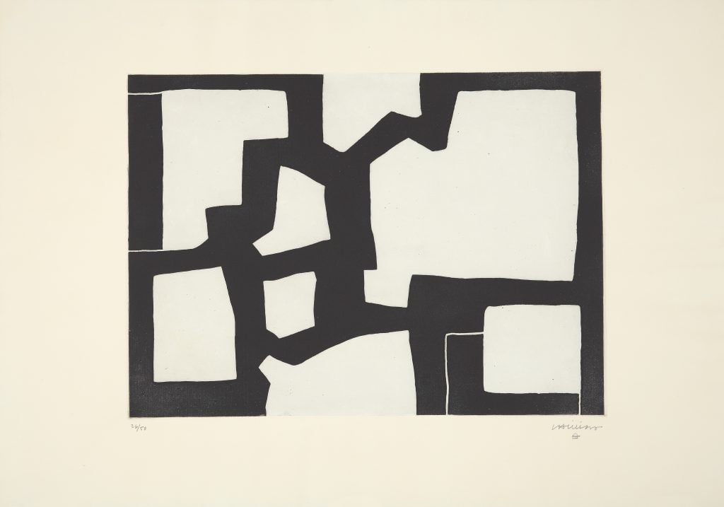 A hard-edge, black ink, graphic print by Spanish artist Eduardo Chillida in a rectangular composition form.