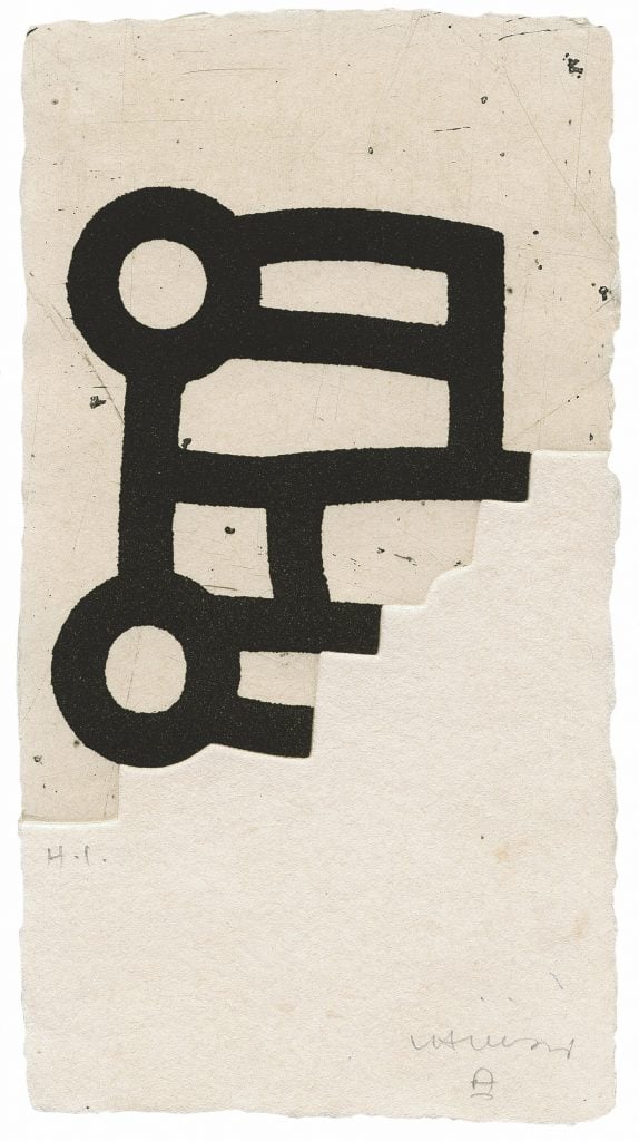 A hard-edge, black ink, graphic print by Spanish artist Eduardo Chillida where three quarters of the print space is left blank.