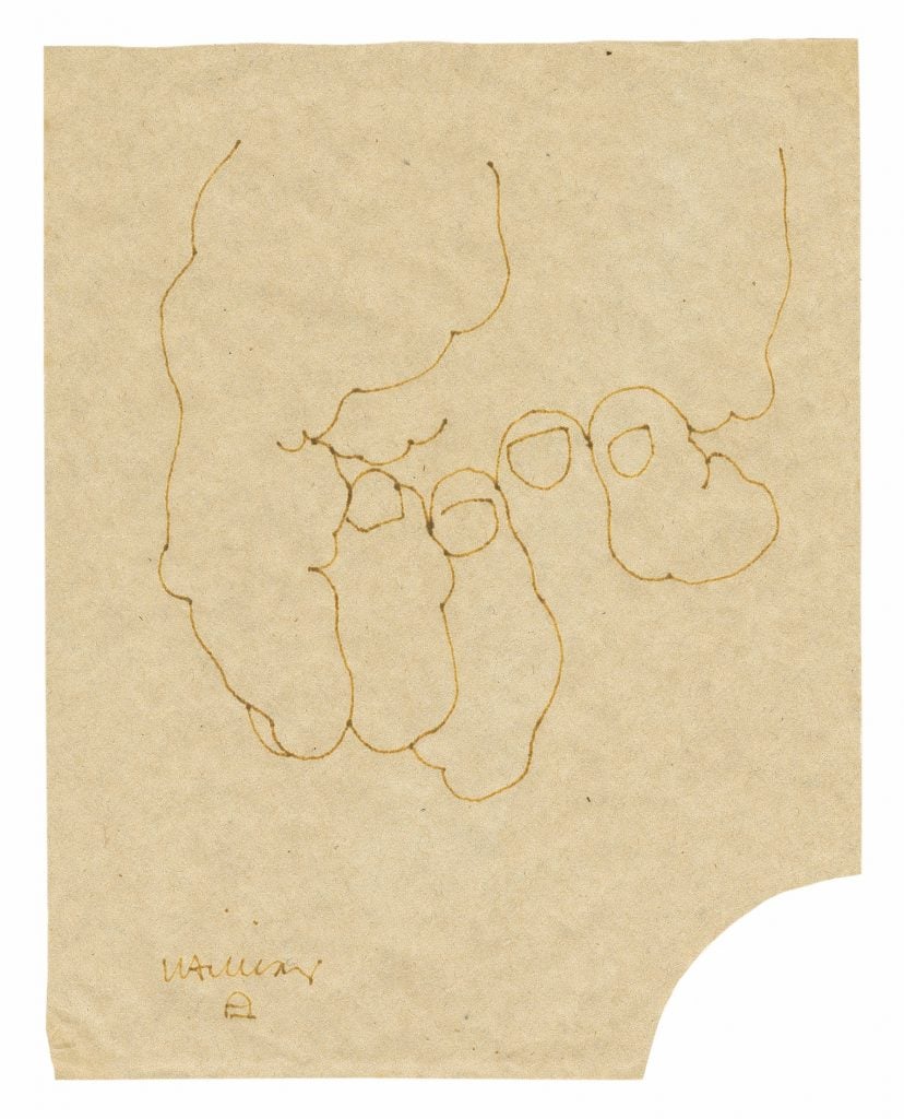 a drawing of a hand in pen on brown paper by Spanish artist eduardo chillida.