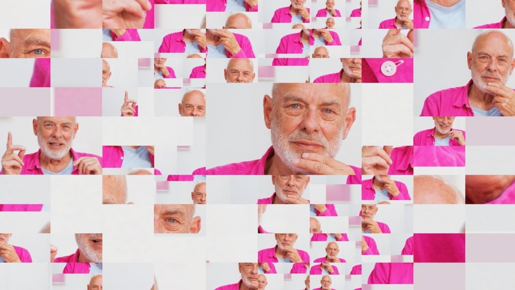 A mosaic image of a various images of a man in a pink shirt