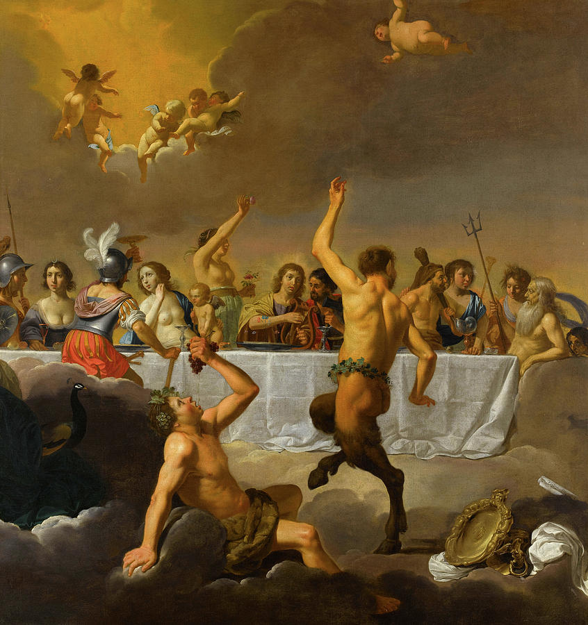 A 17th-century Dutch painting by Jan Harmensz van Biljert of Greek gods at a feast, sitting at a long table with Apollo with a golden halo in the center. The painting may have been referenced in the Olympics opening ceremony, rather than The Last Supper.